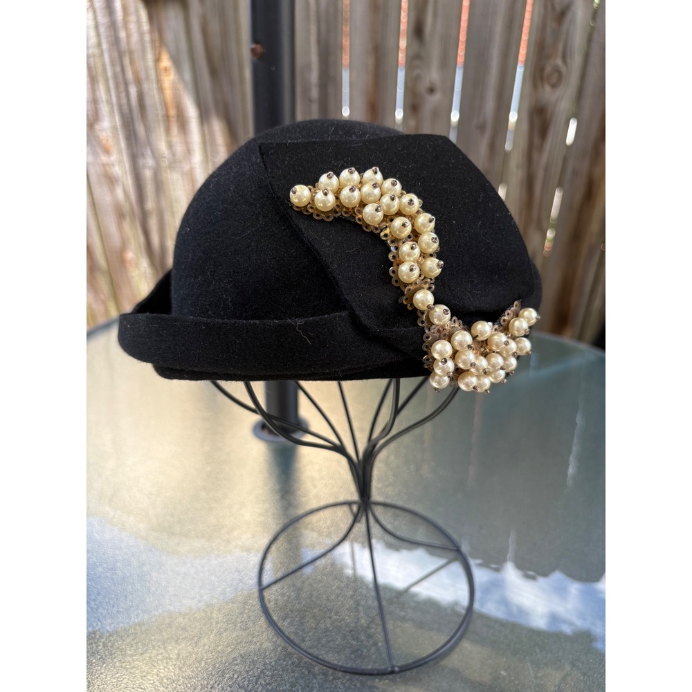 Vintage Black Felt Pillbox Hat Faux Pearl Embellished Asymmetrical Mid Century